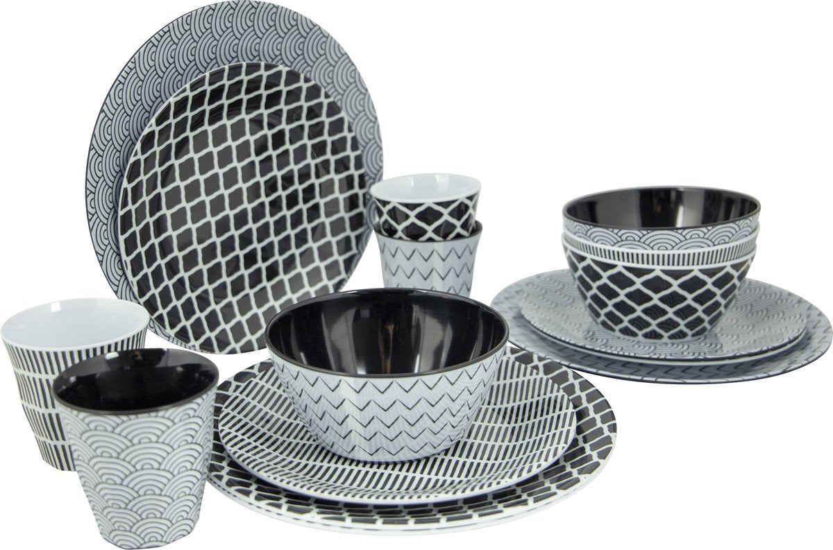  Bo-Camp Servies - Mix &amp; Match - 16 Delig - Zwart/Wit