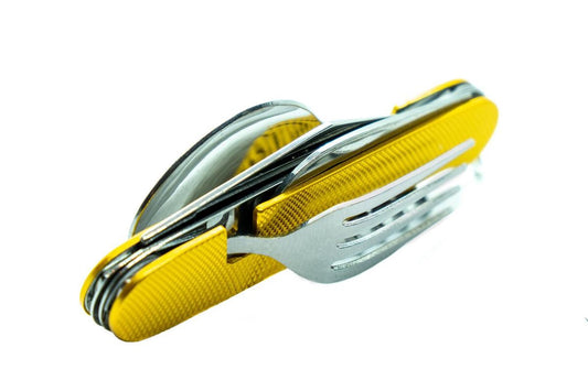  Camping Bestek Zakmes | Roestvrijstaal Survival Bestek | Mes, Vork, Lepel, Krukentrekker, Bieropener, Spork | Opvouwbaar Kampeer Bestek Multitool | Cadeau Voor Man &amp; Vrouw
