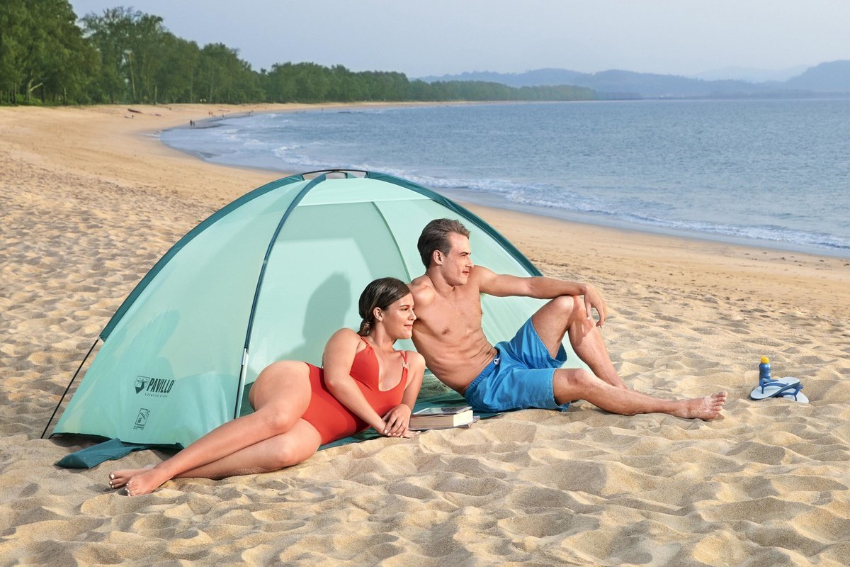  Bestway Strandtent - Pavillo - 2-Persoons - UV80 Zonbescherming - Incl. Tentharingen - Zandzakken Voor Stabiliteit - 200 X 120 X 95 CM