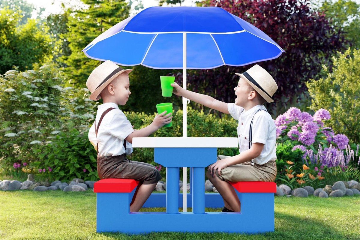 Merkloos Kinder Picknicktafel Met Parasol - Blauw