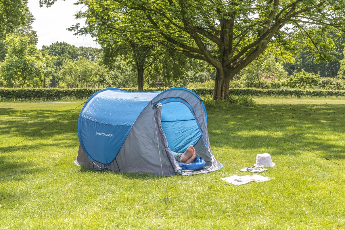  Dunlop Pop Up Tent 220 X 120 X 90 Cm - Grijs/ Blauw - 1 Persoons