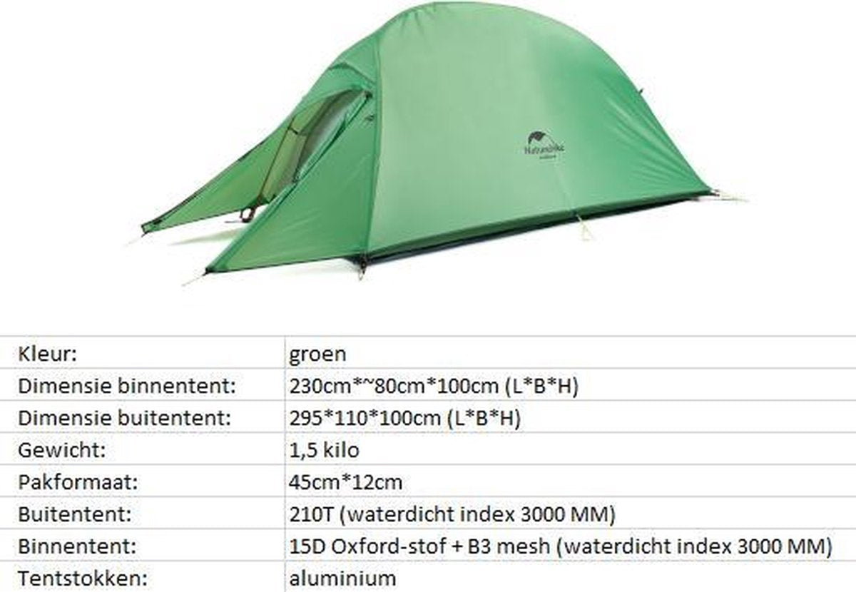  Cloud Up 1 Upgraded - Naturehike® - 1 Persoons Tent - Lichtgewicht Tent - Incl. Grondzeil - 210T 3000mm - Outdoor - Waterdicht - Hiking &amp; Wandelen