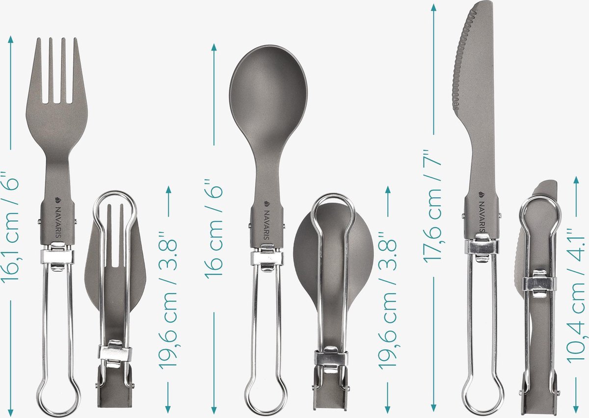  Navaris Campingbestek Van Titanium - Set Met Vork, Mes En Lepel - Inklapbaar - Bestekset Voor Onderweg - Inclusief Karabijnhaak En Bewaarzakje