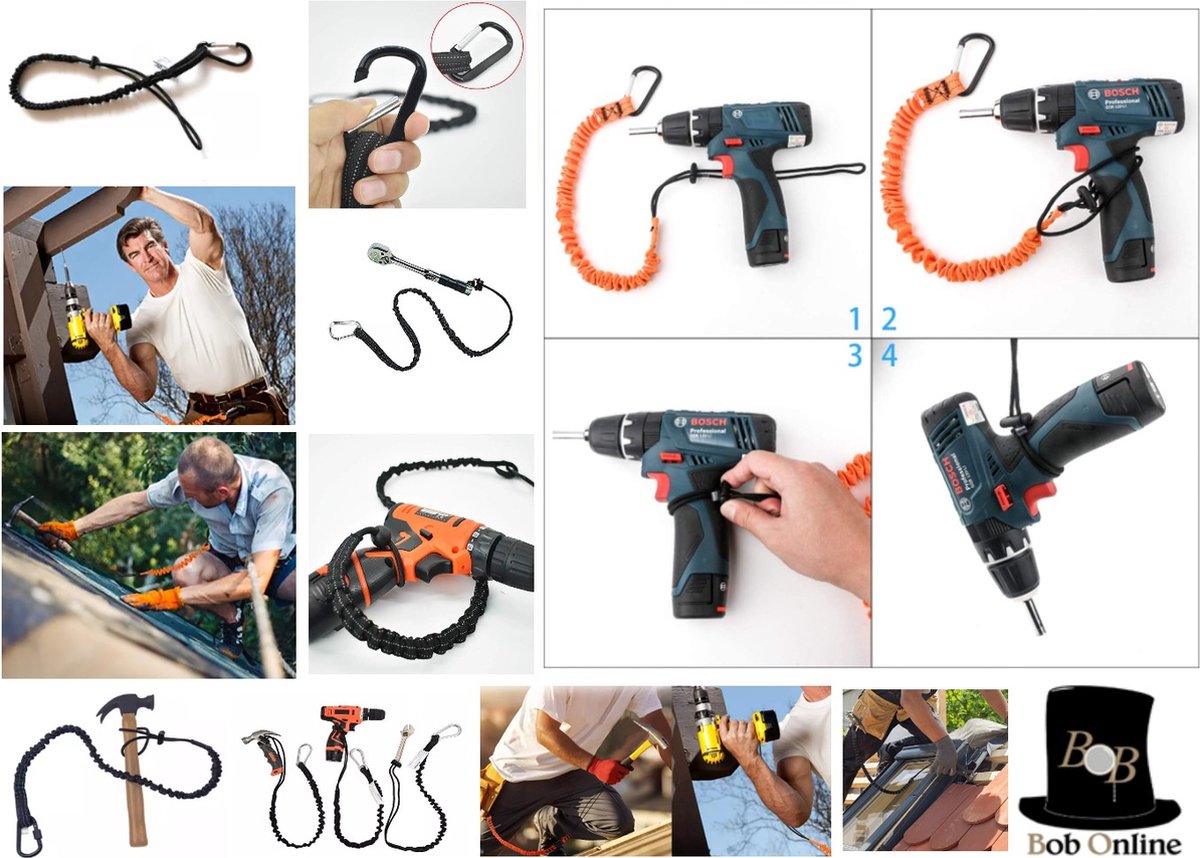  Bob Online ™ - 1 Stuk – Zwart – Gereedschaplijn – Gereedschaplanyard – Elasticate Tool Lanyard – Maximum Load Capacity 2 Kg – Elastisch Gereedschap Lanyard – Gereedschap Valbeveiliging Koord