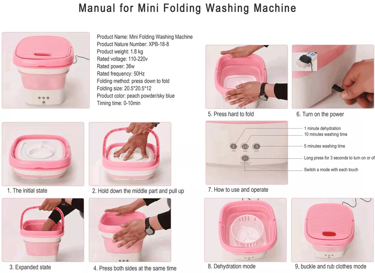  Mini Wasmachine - Camping Wasmachine - Roze - Opvouwbare Wasmachine - Handwasmachine - Fruitwasser - Kampeer Wasmachine