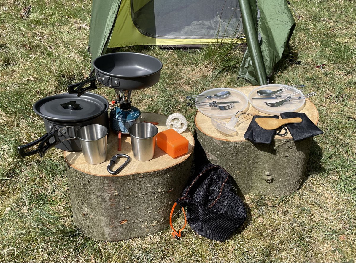  Hikr® Camping Pannenset - Complete 22-delige Kookset - Lichtgewicht - Kookgerei Servies - Outdoor - BPA-vrij - Keukengerei Set