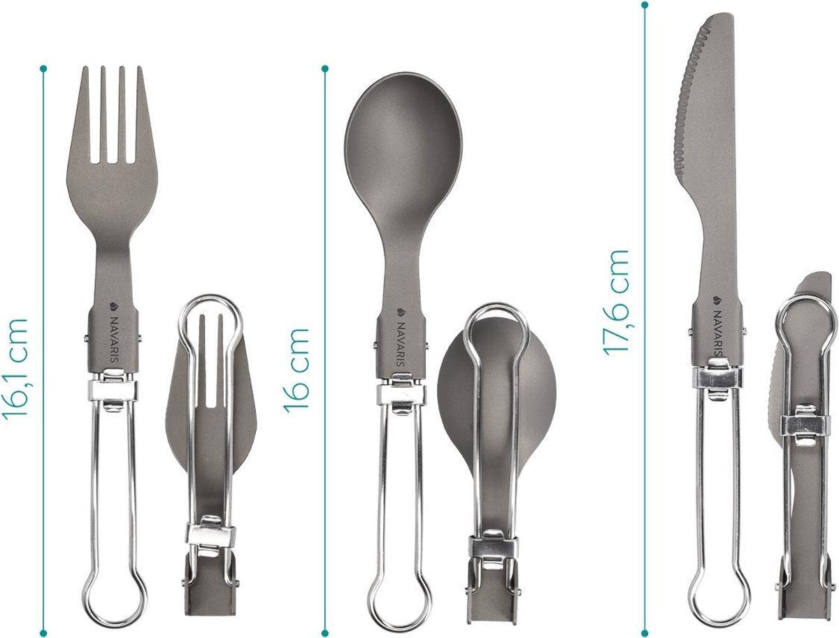  Navaris Campingbestek Van Titanium - Set Met Vork, Mes En Lepel - Inklapbaar - Bestekset Voor Onderweg - Inclusief Karabijnhaak En Bewaarzakje