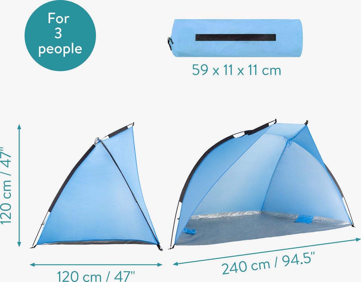  Navaris Windscherm Voor Het Strand - Zon- En Windbescherming Voor Drie Personen - Pop-up Speeltent Met UV- Bescherming - Beach Shelter Met Draagtas