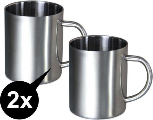 Merkloos RVS Beker-RVS Mok-Koffiebeker-Koffiemok-set 2 Stuks