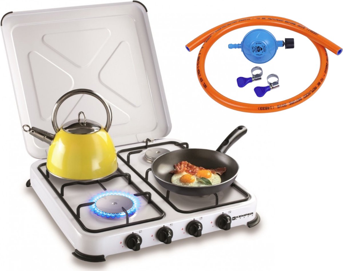  Kemper Gaskooktoestel Set – Campingset – Campingkookset – INCLUSIEF Installatiesetje – TOT 4 RVS Branders