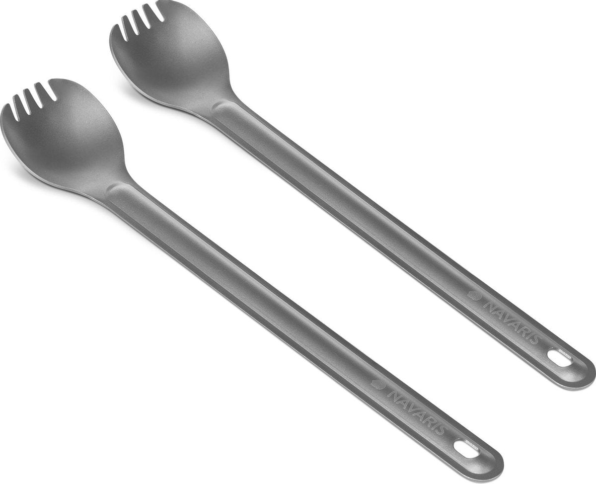  Navaris 2x Spork Met Extra Lange Handgreep - Set Van 2 - Campingbestek Van Titanium - Bestek Voor Onderweg - Lichtgewicht - Inclusief Bewaarzakje