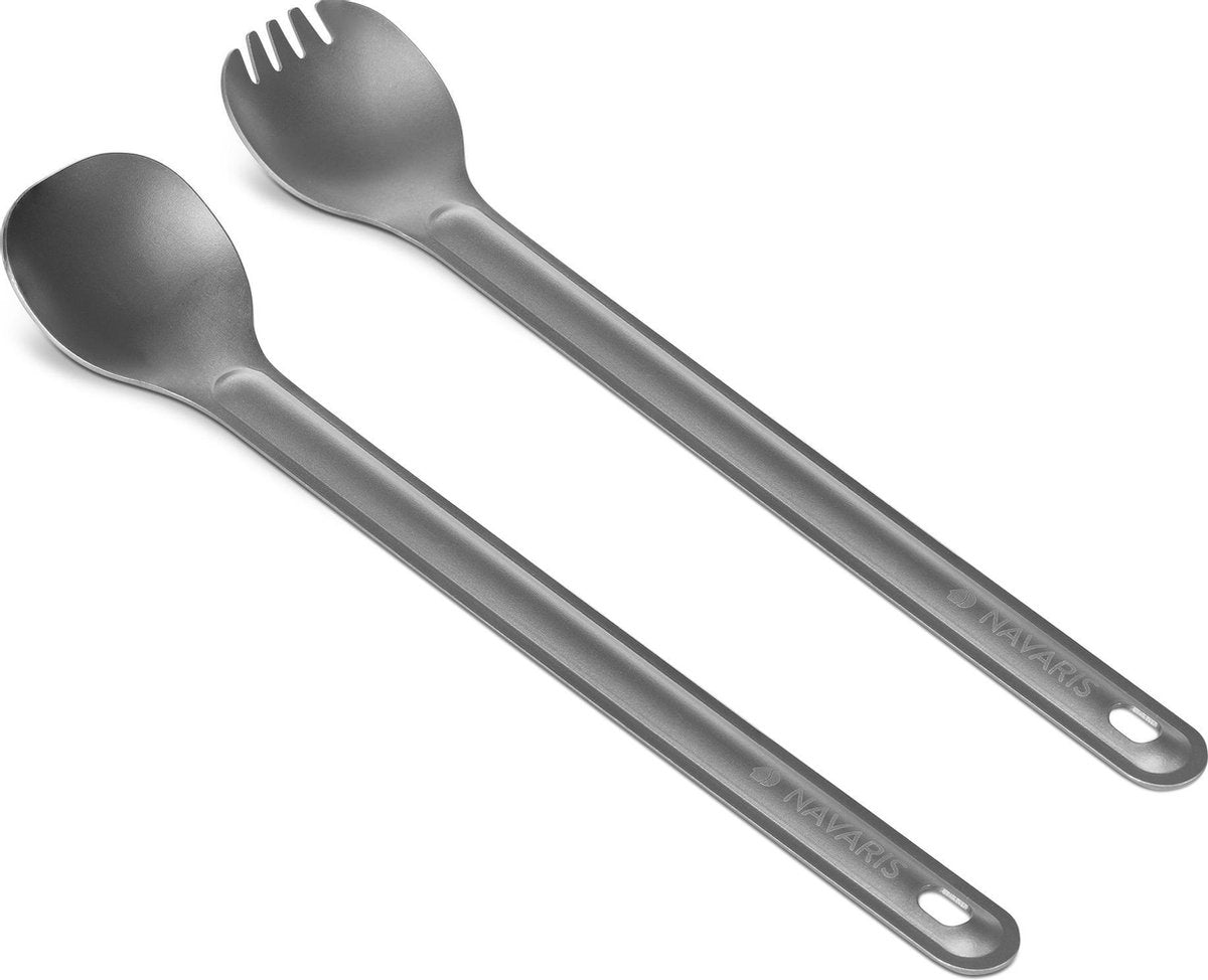  Navaris Spork En Lepel Met Extra Lange Handgreep - Campingbestek Van Titanium - Bestek Voor Onderweg - Lichtgewicht - Inclusief Bewaarzakje