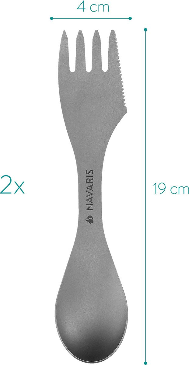  Navaris 2x Spork Titanium Campingbestek - Vork, Mes En Lepel In één - Bestek Voor Onderweg En Op Reis - Lichtgewicht - Inclusief Bewaarzakje