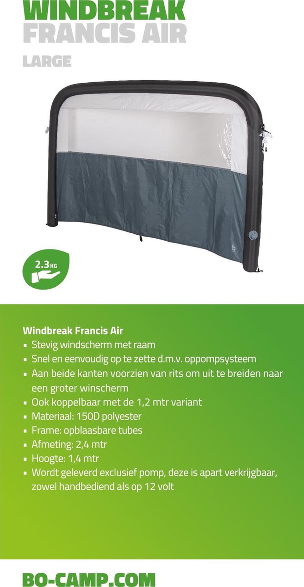  Bo-Camp - Windscherm (tent) - Francis - Air - 2.4 X 1.4 Meter - Grijs