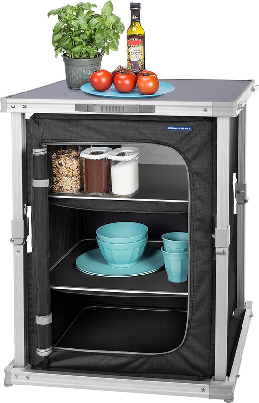  Campart Campingkast CU-0724 – Opvouwbaar En Verstelbaar - 4 Verstelbare Poten - 3 Lagen - Aluminium Frame - Grijs