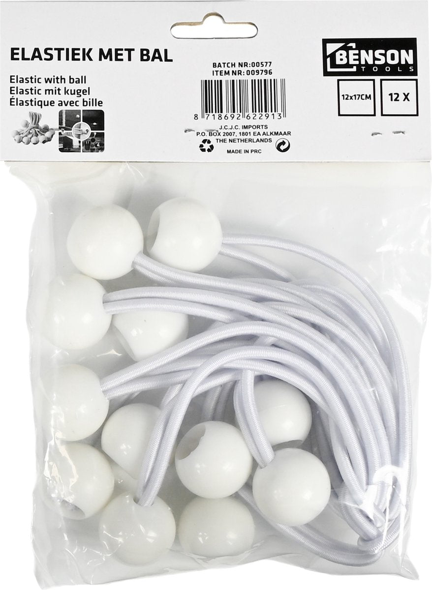  Elastiek Met Bal Wit - 12 Delig - Spanelastiek - 17cm - Benson