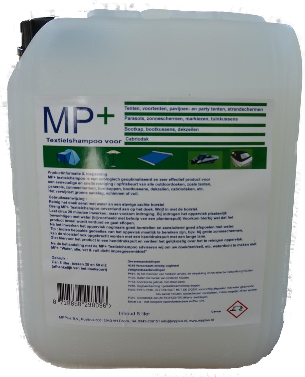  MPPLUS Tentdoek Zonnescherm Bootkap Zeildoek Parasol Cabriodak Reiniger Can 5 Liter