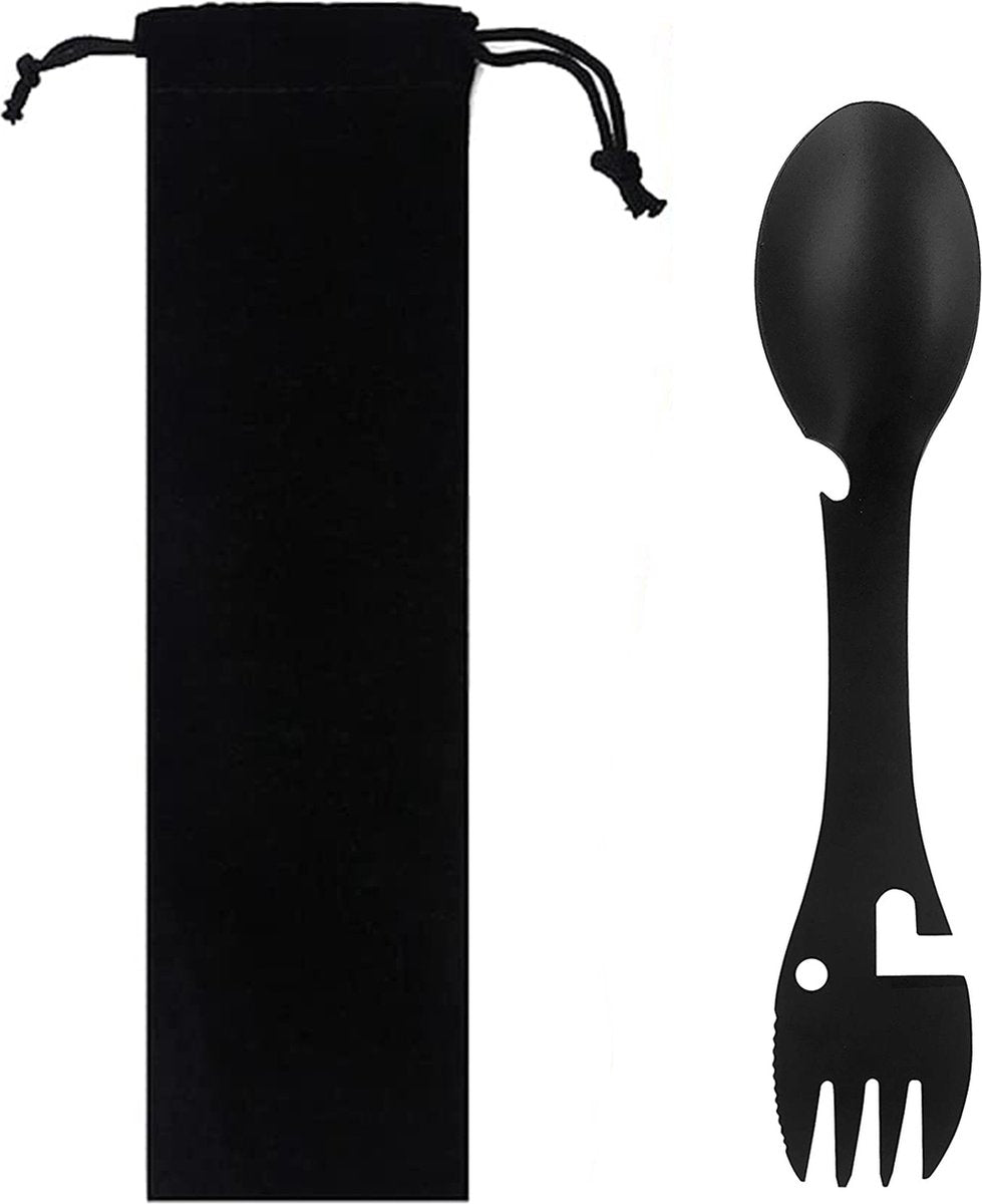  Luverno® - Spork - Incl. Bescherm Hoes - RVS - Bestek To Go - Reisbestek - Keukengadget - 5 In 1 Camping Bestek - Zwart