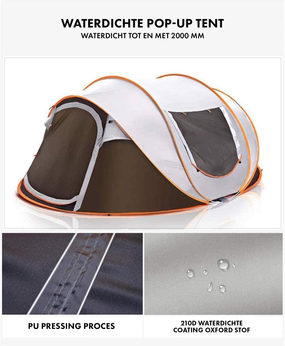  Fly Lab Luxe Pop Up Tent - Kampeer Tent - Grijs/Oranje - 4 Persoons